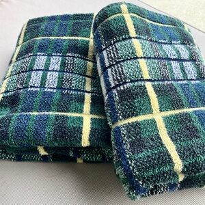Vtg Ralph Lauren 2 GORDON Bath Towels Plaid Tartan Blue Green Yellow